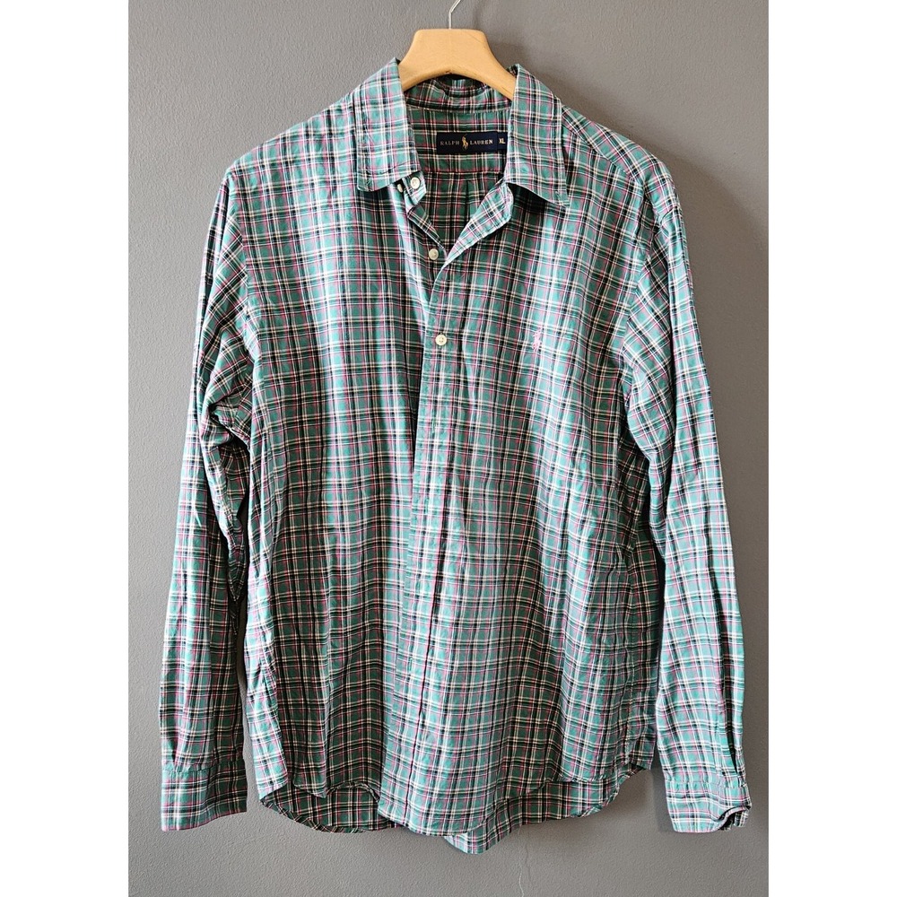 Ralph Lauren Mens XL Pink Green Plaid Button Down Shirt Preppy  Madras Classic